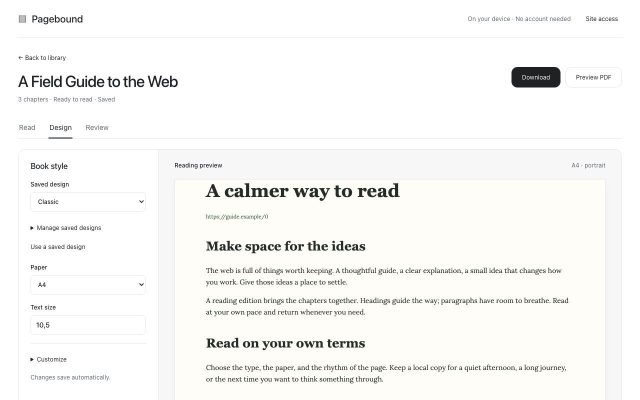Pagebound's actual design editor, with typography settings next to the sample Field Guide reading preview.